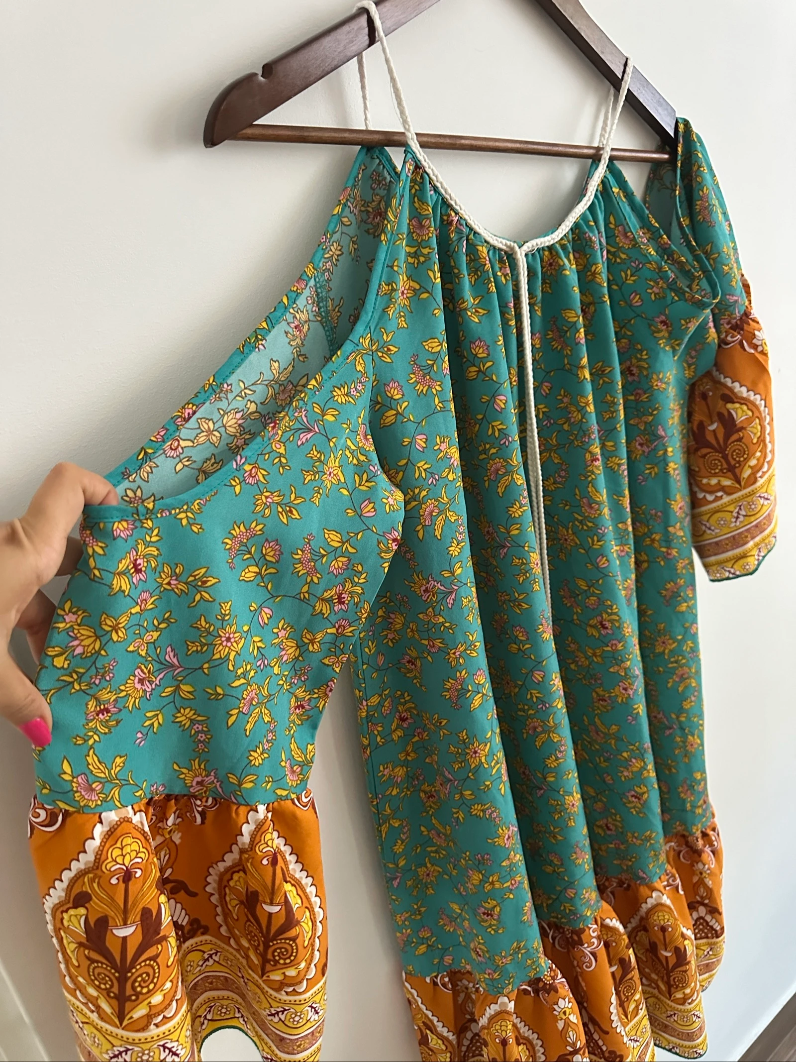 Korte Boho Chic jurk turkoois en mosterd / Ibiza tuniek maat L – photo 2